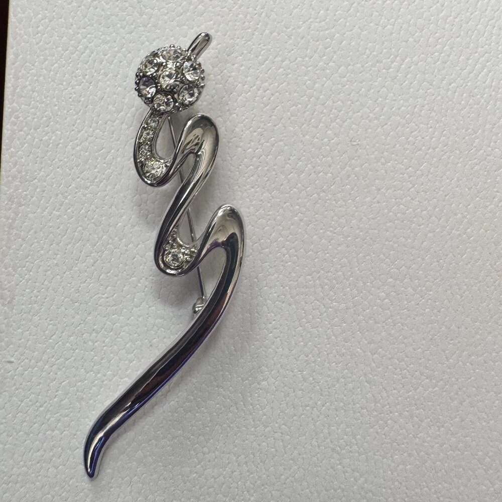 Silver-Tone Abstract Brooch with Rhinestones
